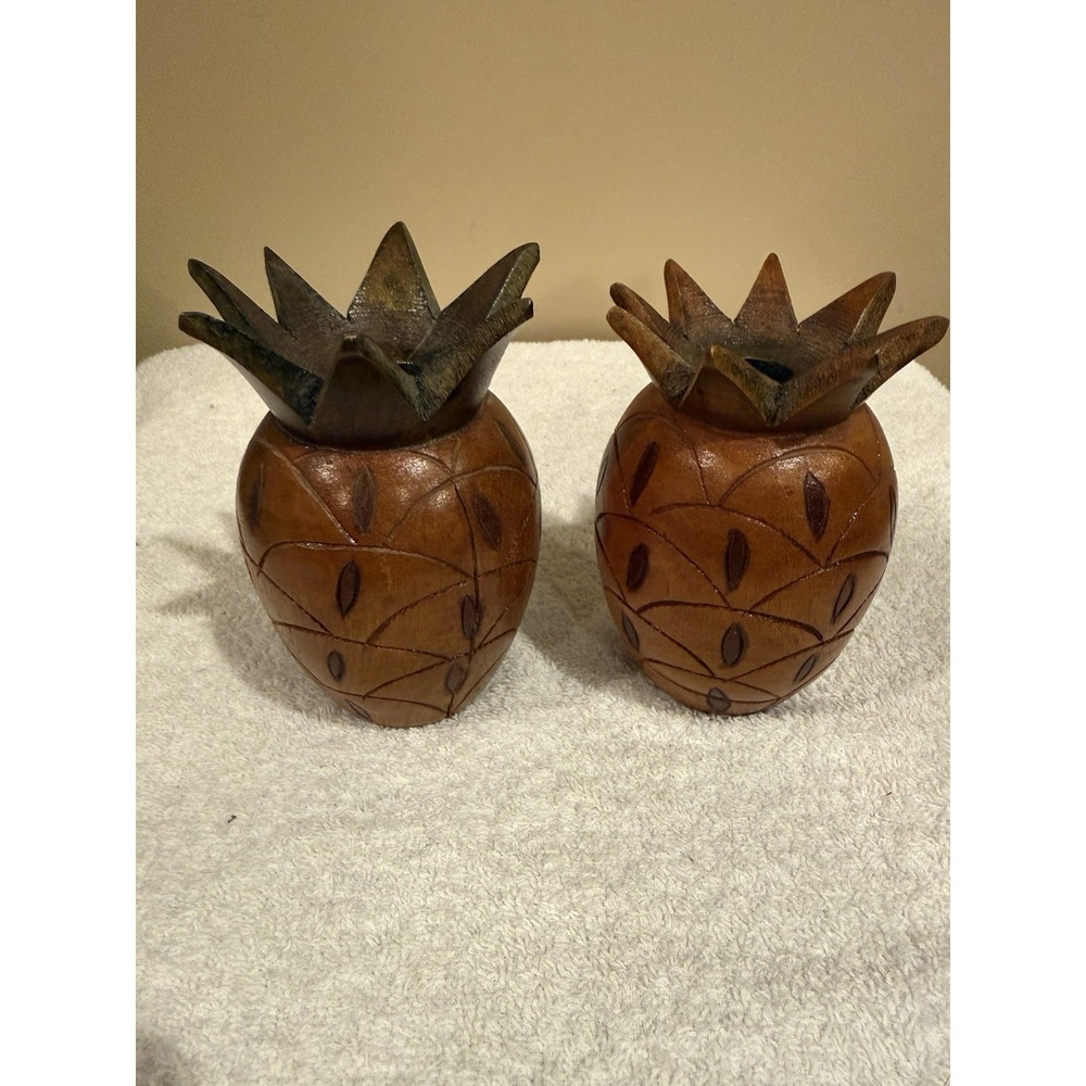 Hand-Carved Wooden Pineapple  Candle Holders Set of 2, Vintage Folk Art